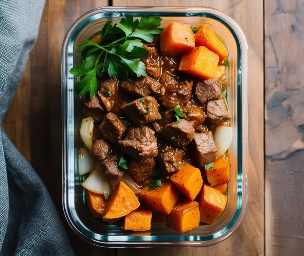 a picture of a Slow-Cooked Beef and Sweet Potato Bowls